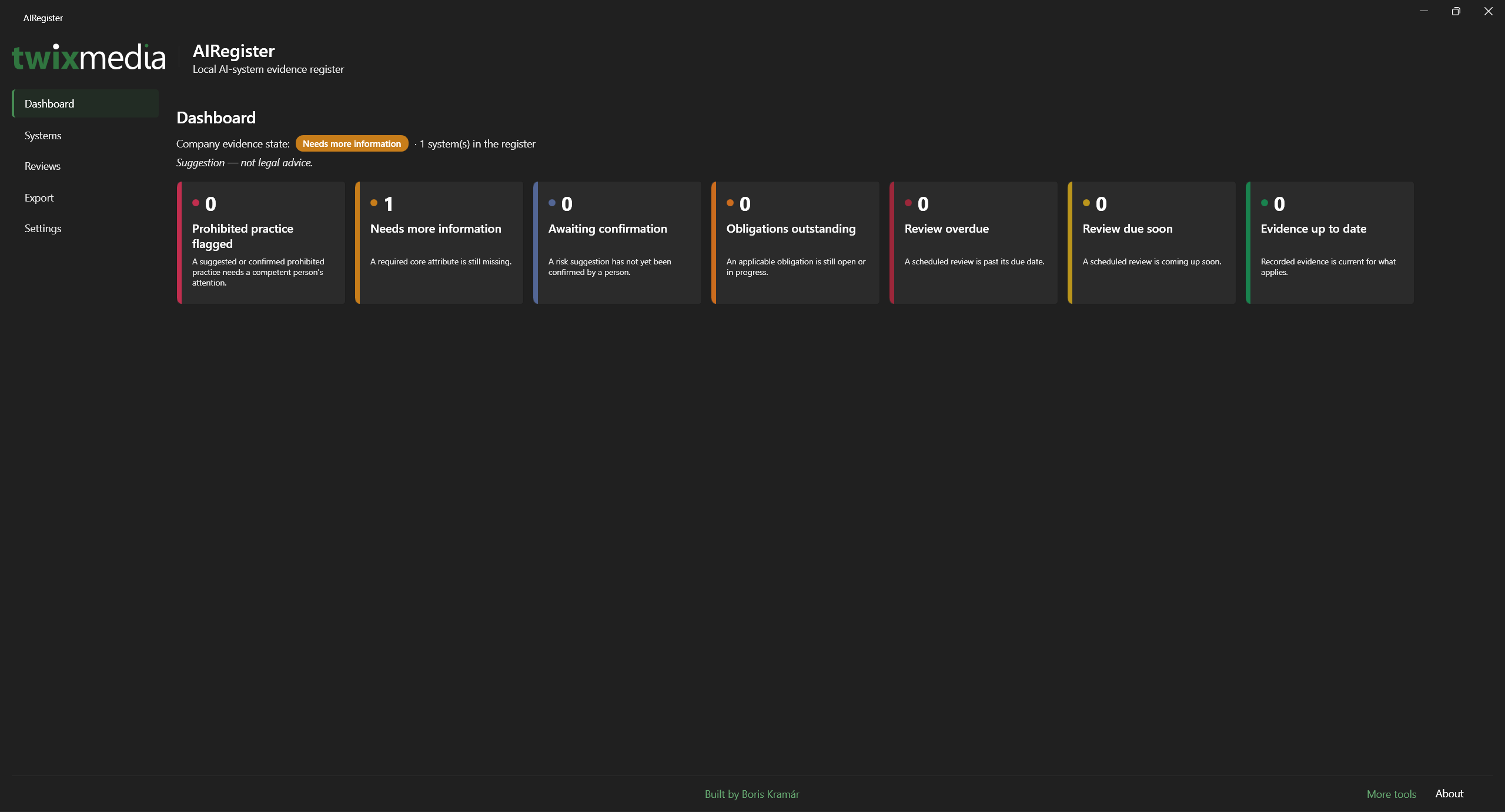AIRegister desktop window — private local register of AI systems for EU AI Act evidence