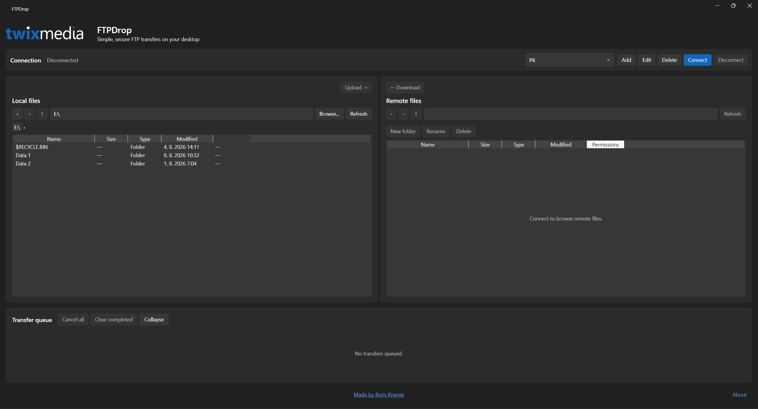 FTPDrop desktop window — secure FTP/FTPS client with encrypted credentials