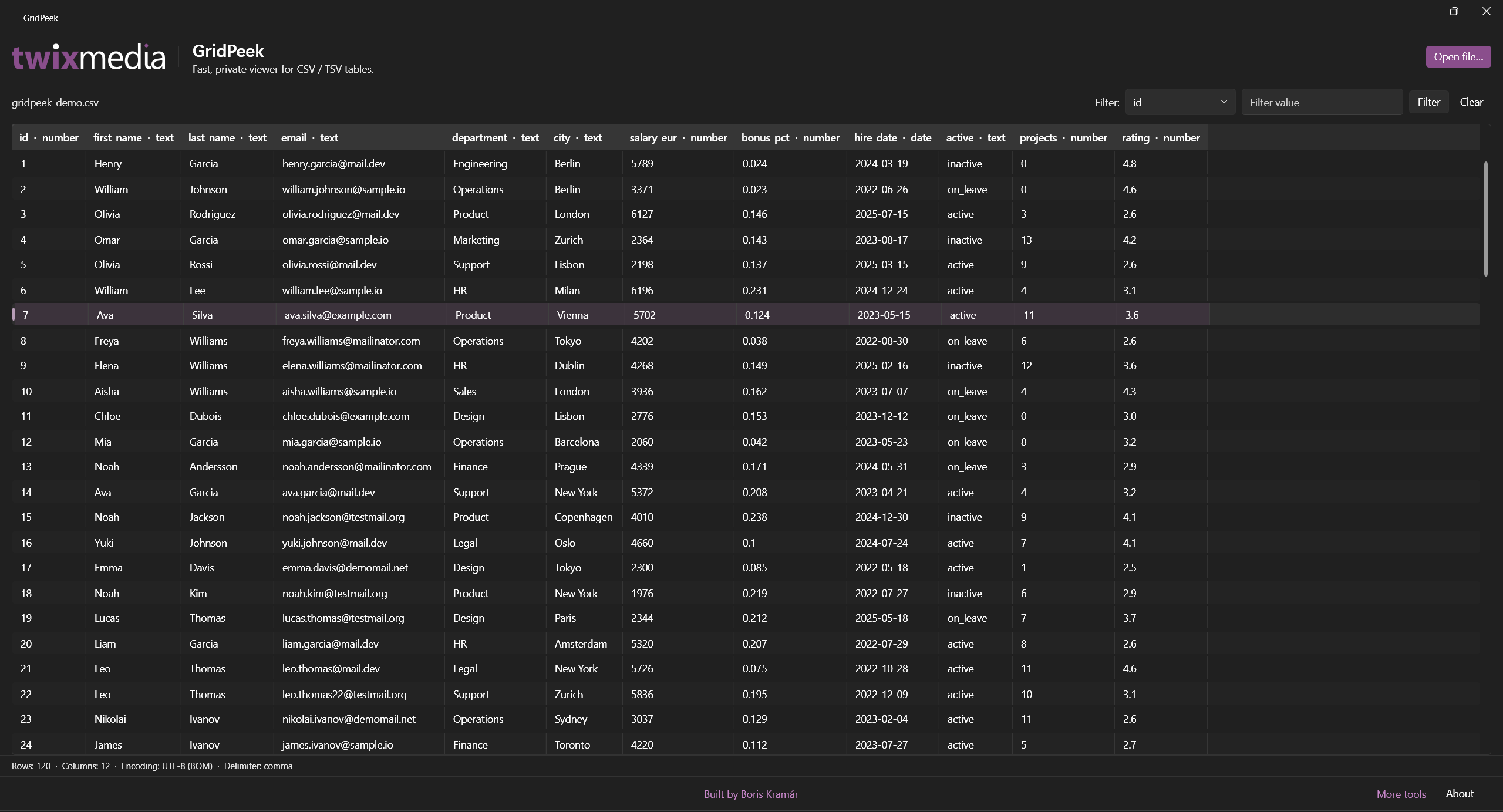 GridPeek desktop window for viewing large CSV files