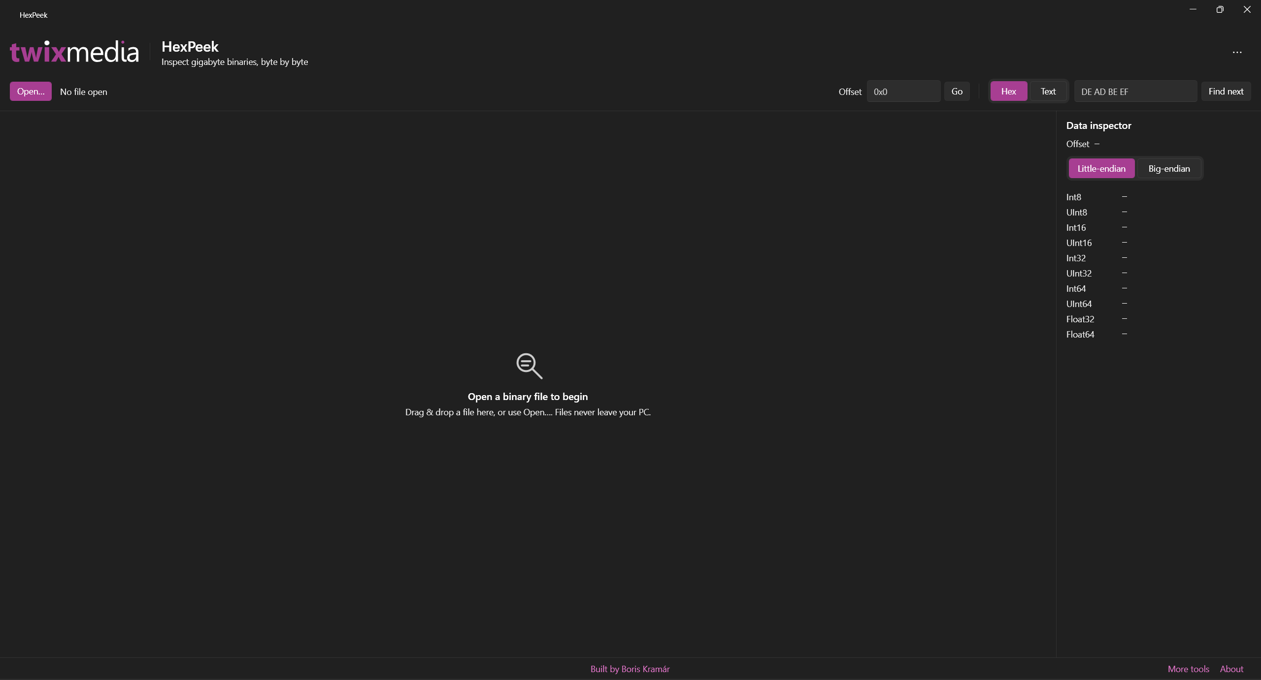 HexPeek desktop window — virtualized hex viewer for multi-gigabyte binary files