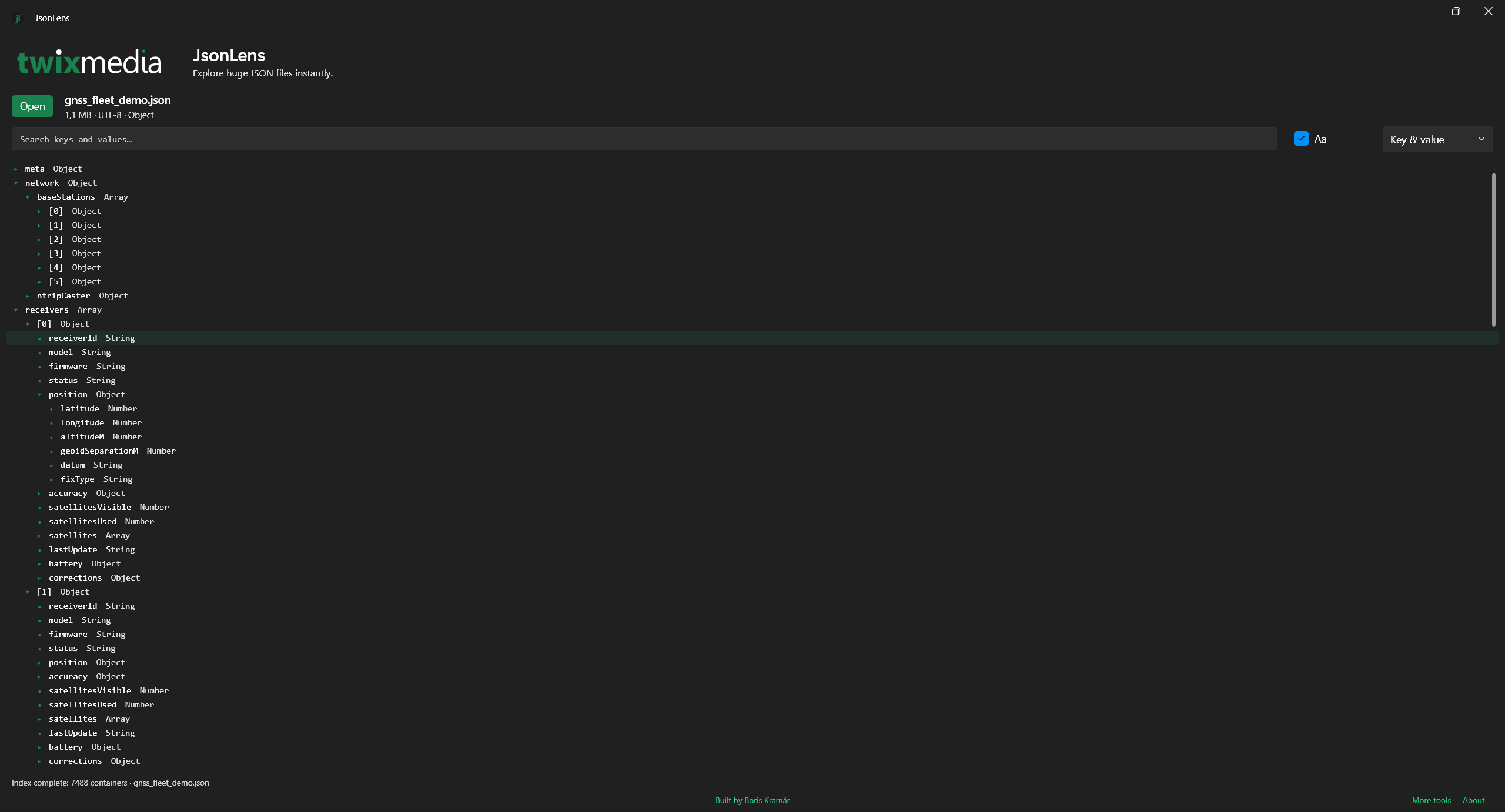 JsonLens desktop window — streaming viewer for multi-gigabyte JSON files