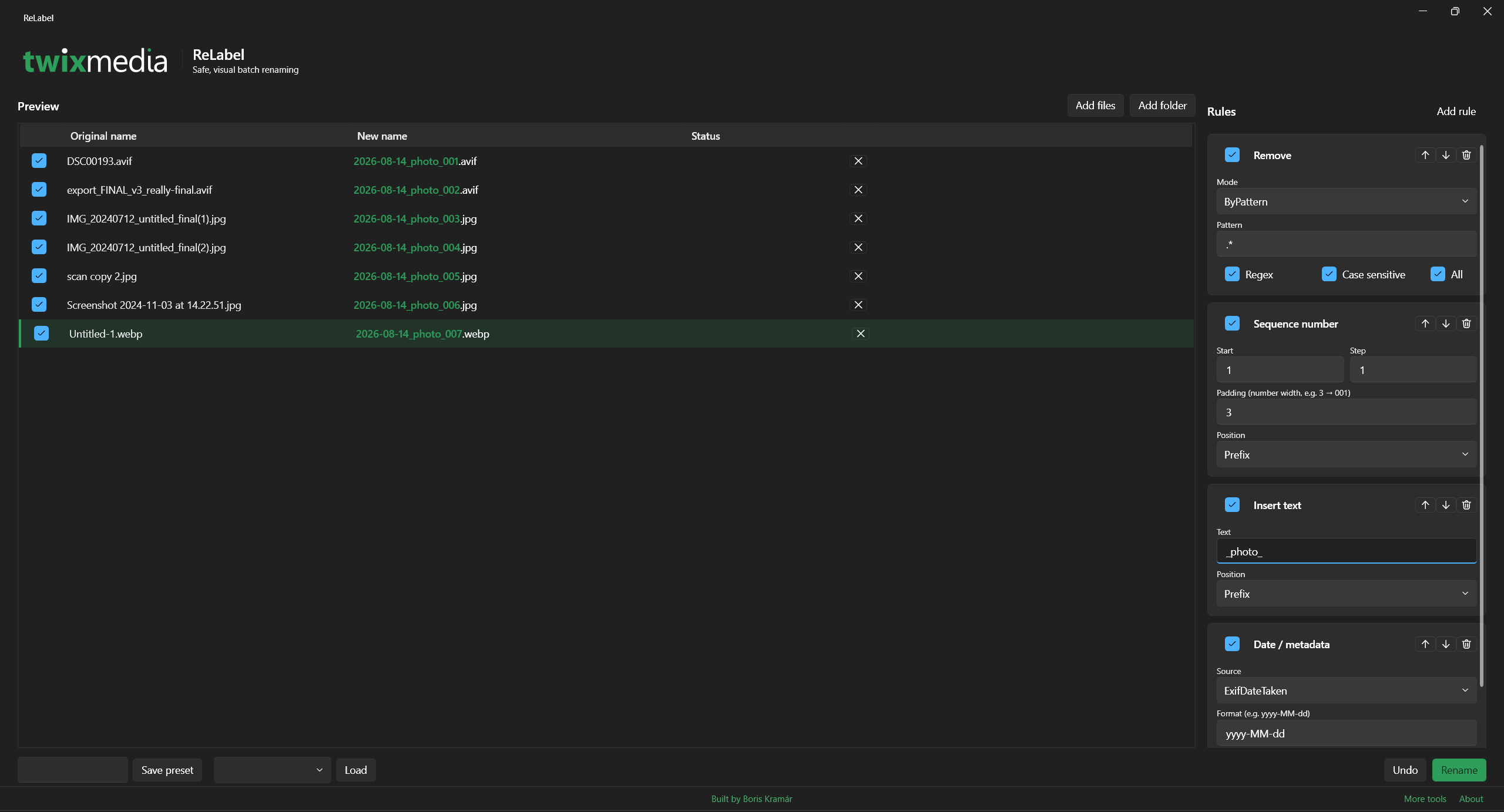 ReLabel desktop window — batch file rename with a live preview of the result before you commit