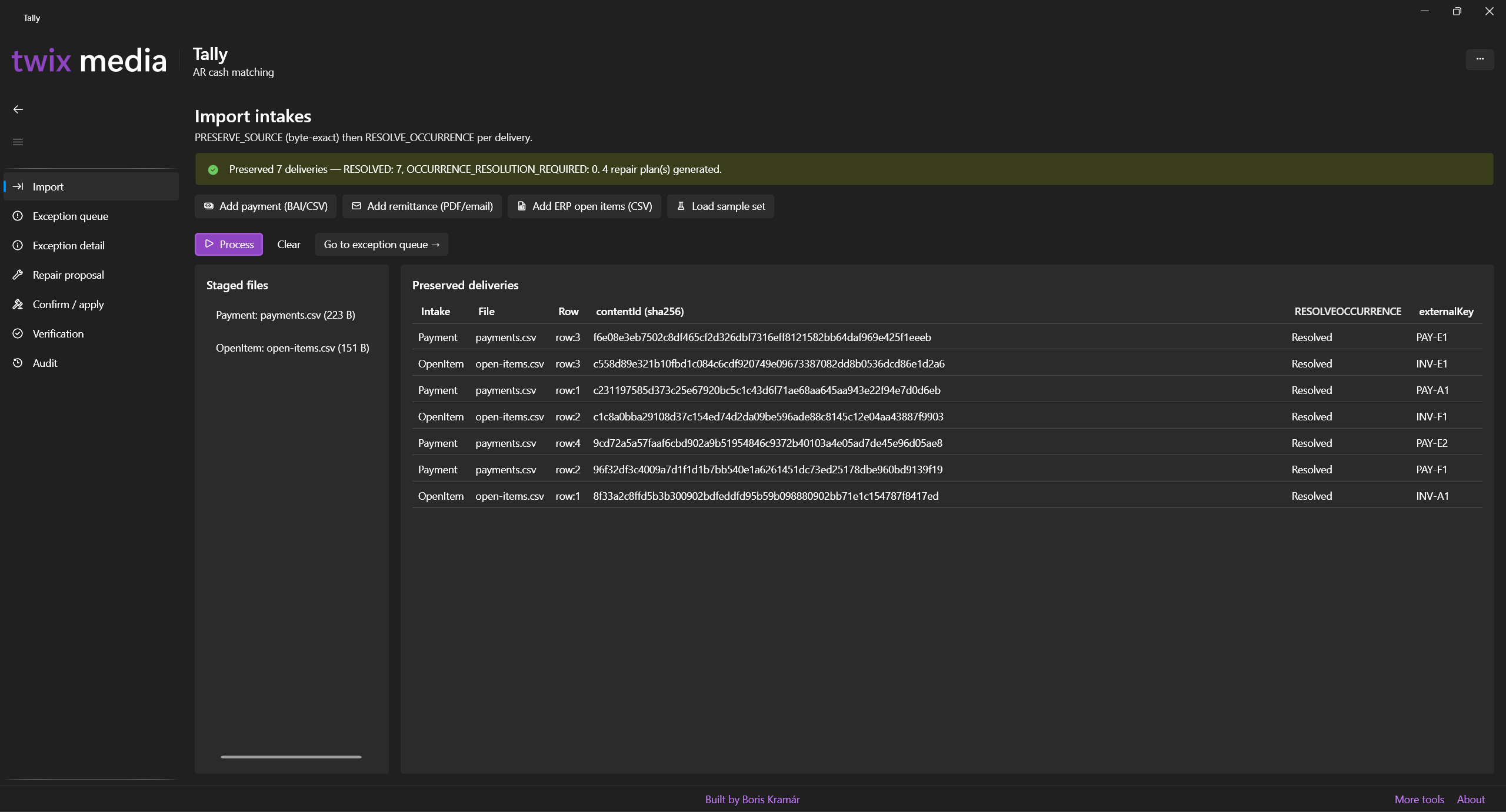 Tally desktop window — automatic matching of received payments to invoices with a hash-chained audit trail