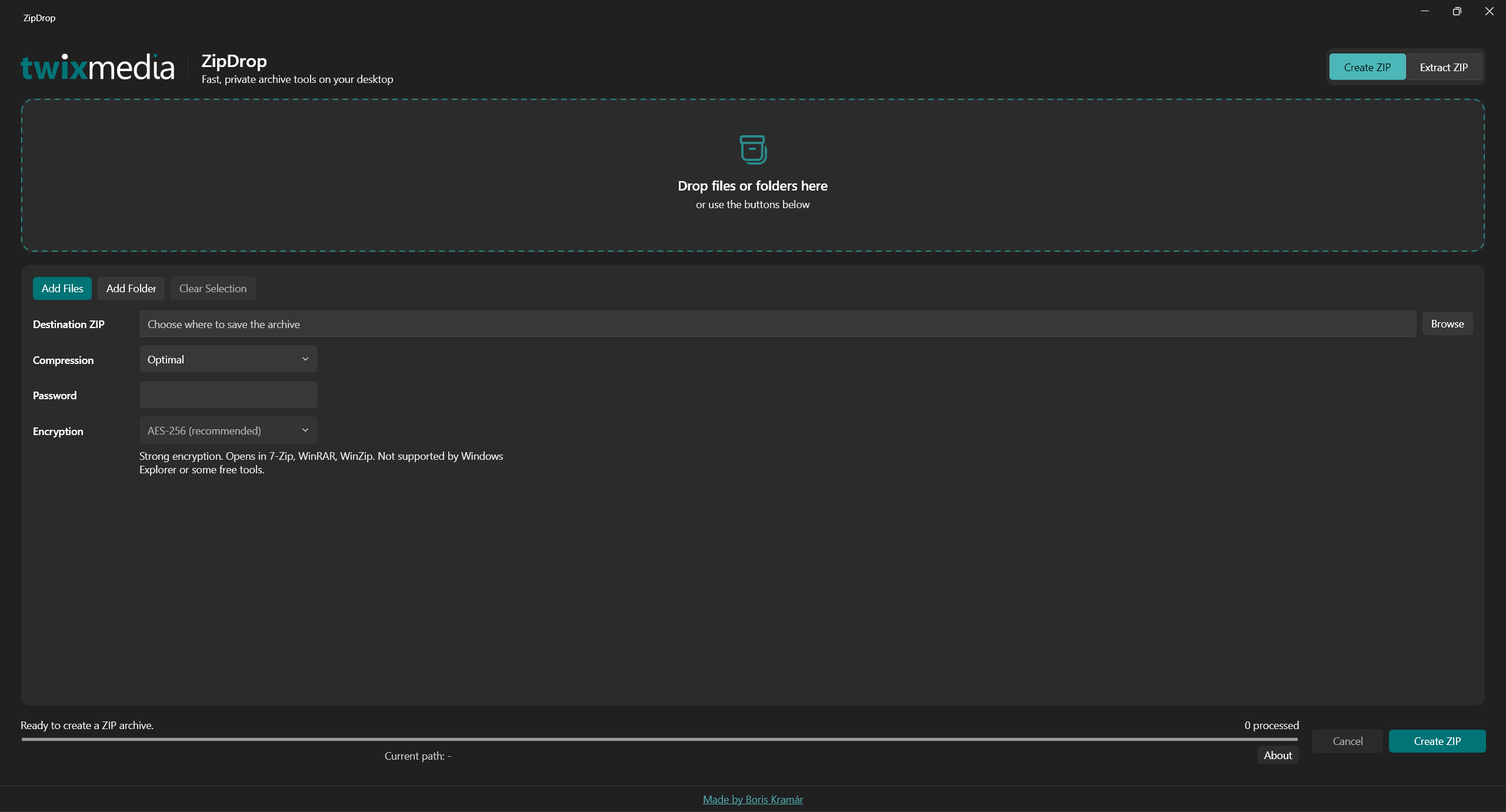 ZipDrop desktop window — ZIP archiving with AES-256 password protection